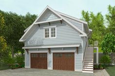 a two car garage with stairs leading up to the second floor and an attached porch