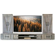 an entertainment center with two doors and a flat screen tv mounted on it's side