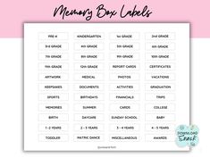 a printable memory box cake chart with the words memory box cakes written on it