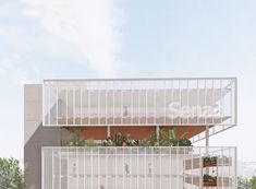 an architectural rendering of a building with plants on the balcony