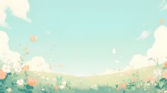 a field with flowers and butterflies flying in the sky