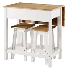 two stools sit at the top of a small white table with wooden seat cushions