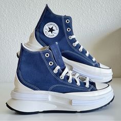 Converse Run Star Legacy Platform Hi Top In A Navy Blue Canvas. Condition: New Size: Women's 8.5 = Men's 7 Color: Navy/Black/Egret Style Code: A04367c Don't Let A Little Rain Cramp Your Style. The Run Star Legacy Cx Mixes Bold Platform Styling With Premium Comfort And Rain-Ready Details, Like A Waterproof Bootie And A Non-Wicking Canvas Upper. A Lightweight Cx Midsole And Sockliner Help Keep You Light On Your Feet, While Distorted Chuck Taylor Design Elements Keep Them Guessing. A Winged Tongue Converse Run Star Legacy, Keep Them Guessing, Converse Run, Converse Run Star, Hi Top, Blue Canvas, Womens Converse, Chuck Taylor, Chuck Taylors