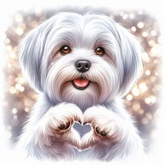 a white dog with his paws in the shape of a heart