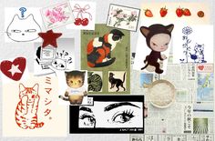 an assortment of various pictures and drawings on paper with words written in japanese, including cats