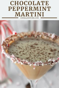 chocolate peppermint martini in a glass with candy canes