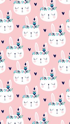 a pink background with rabbits wearing bunny ears and hearts on the forehead, all in different colors