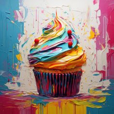 a painting of a cupcake with colorful frosting