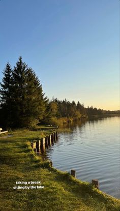 a lake with trees and grass next to it