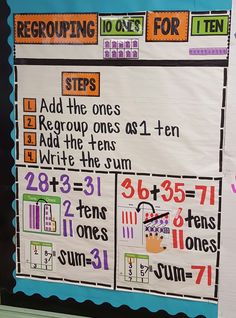 a bulletin board with numbers, times and places to write the word regroup on it