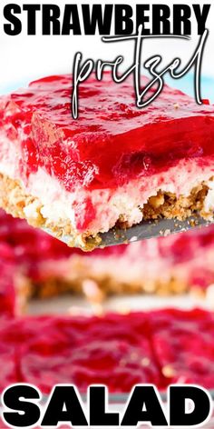 strawberry pretzel salad on a fork with text overlay that reads, strawberry pretzel salad