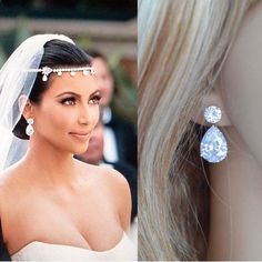 These dramatic celebrity inspired luxe clear cubic zirconia CZ teardrop dangle bridal earrings feature large CZ pear cut drops dangling below a round brilliant cut post. The large pear stones in the drops measure 13x18mm and the round brilliant cut stones in the posts measure 8mm. These earrings are perfect for a romantic or vintage inspired look and I was inspired to make them from earrings worn by Kim Kardashian at her wedding to Kris Humphries in 2011. Available in white, yellow or rose gold Kim Kardashian Wedding, Drop Bridal Earrings, Old Hollywood Wedding, Hollywood Wedding, Original Necklace, Bridal Earrings Drop, Sparkle Wedding, Sparkle Earrings, Wedding Jewelry Earrings