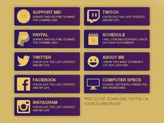 purple and gold social media tags with icons