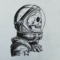 a drawing of a skull wearing an astronaut's helmet