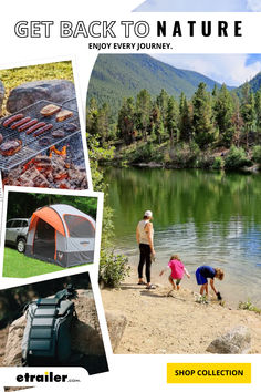 Woman at lake with children; camping gear including a grill, tent, and backpack Camping Accessories, Back To Nature, Happy Camper