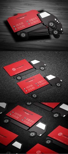 red and black business card design with white accents on the front, back and sides