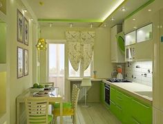 a kitchen with green cabinets and white counter tops, along with a dining room table