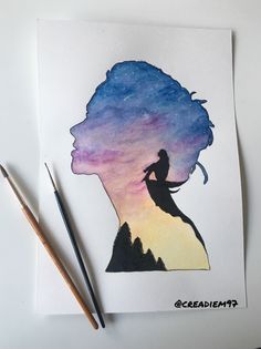 a watercolor drawing of a woman's head with the sun setting behind her