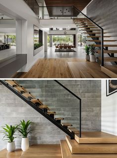 this modern house has an open floor plan and wooden stairs that lead up to the second floor