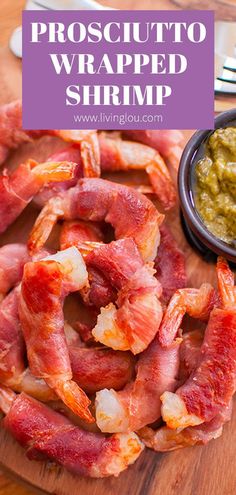 some bacon and guacamole on a wooden board