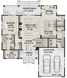 the floor plan for a home with two car garages and an attached living area