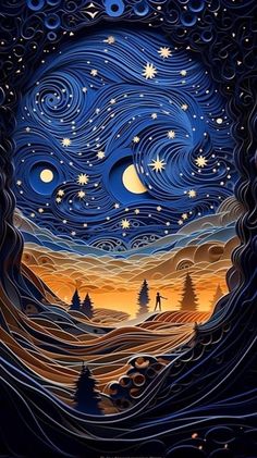 the night sky with stars and moon in it