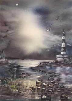 a painting of a lighthouse in the middle of water with birds flying over it and clouds above