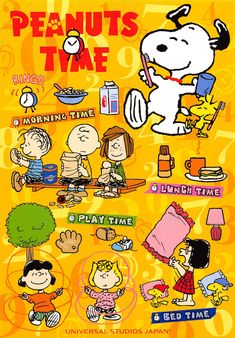 peanuts time poster with various cartoon characters and words on the front cover, including an image of