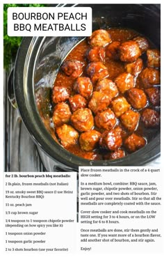 the recipe for bourbon peach bbq meatballs is shown in an article about how to cook them