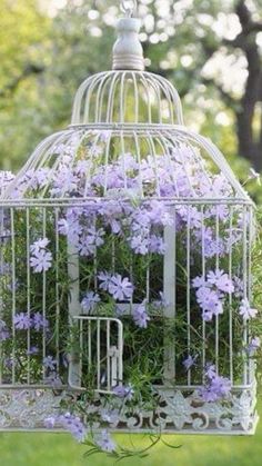 a birdcage filled with purple flowers sitting in the grass