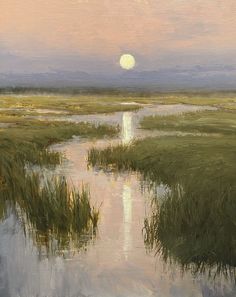 a painting of the sun setting over a marsh