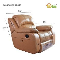 a recliner chair with measurements for the seat and backrests to measure it's width