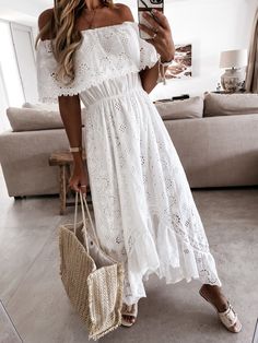 Lace Sundress, Off Shoulder Long Dress, Casual Beach Wear, Shoulder Ruffle Dress, Maxi Dress Outfit, White Sundress, Hippy Chic, Maxi Sundress, Cover Beachwear