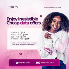 a woman is smiling with her arms folded in front of her chest and the text enjoy irresistiblely cheap data offers