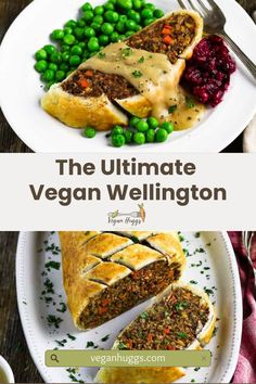 the ultimate vegan wellington recipe with peas, carrots and other vegetables on a white plate