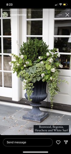 a vase with flowers on the ground in front of a building