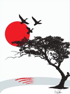 two birds flying over a tree with the sun in the background