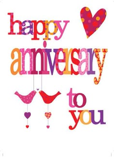 happy anniversary to you card with birds and hearts hanging from the strings on white background