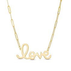 A romantic anytime choice, this darling fashion necklace is destined to delight. Created in warm 10K gold, this style features the word "love" sculpted in a classic cursive font. Polished to a bright shine, this 18.0-inch paper clip link chain necklace secures with a spring-ring clasp. Gold Necklace Zales, The Word Love, Cursive Font, Word Love, Necklace Clasps, Link Chain Necklace, Luxury Art, Love Necklace, Chain Ring