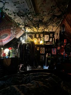 a bedroom with plants hanging from the ceiling and pictures on the wall above it,