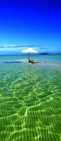 an umbrella sitting on top of a sandy beach next to the ocean under a blue sky