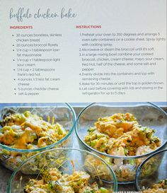 broccoli chicken bake recipe in glass bowls with instructions on the back side