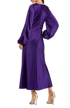 You'll look ravishing in red in this slinky satin midi framed by dramatically billowed balloon sleeves and finished with a twinkling embellished neckline. 45" length Hidden back-zip closure Jewel neck Long sleeves with elastic cuffs Partially lined 100% polyester Spot clean Imported Asian Owned/Founded Sunday Dresses, Purple Long Dress, Satin Cocktail Dress, Embellished Neckline, Dresses Royal, Mac Duggal, Satin Midi Dress, Royal Purple, Jewel Neck