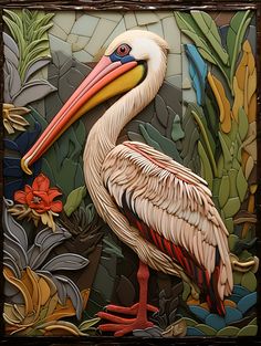 a painting of a pelican with flowers and leaves on it's side