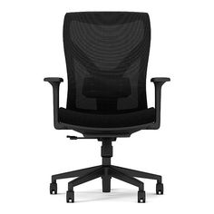 an office chair with black mesh back and seat, viewed from the front angle on a white background