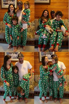 the family is wearing matching christmas pajamas