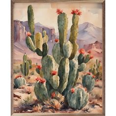 a painting of a cactus with mountains in the background