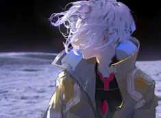 a man with white hair standing in front of the moon