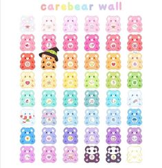 a poster with teddy bears in different colors and sizes on it's sides, including the words carebear wall