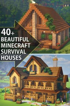 the front and back side of a house in minecraft with text that reads 40 beautiful minecraft survival houses